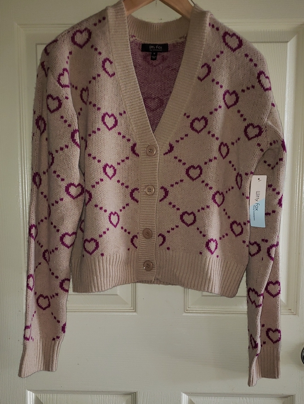 Witty Fox Cream Cardigan with Pink Heart Motif Cropped